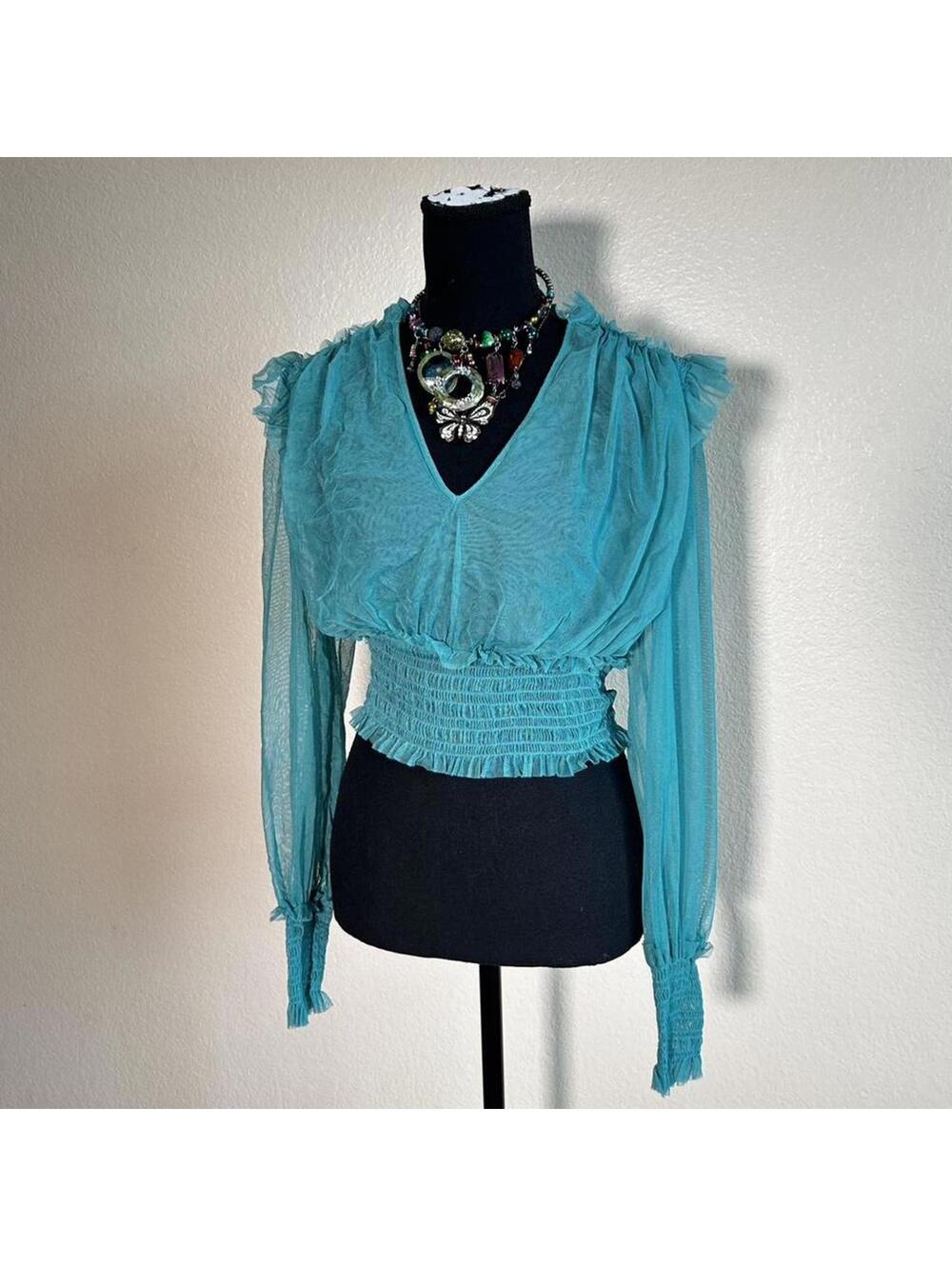 Free People Teal Sheer Mesh Smocked Waist Peasant Boho Romantic Top